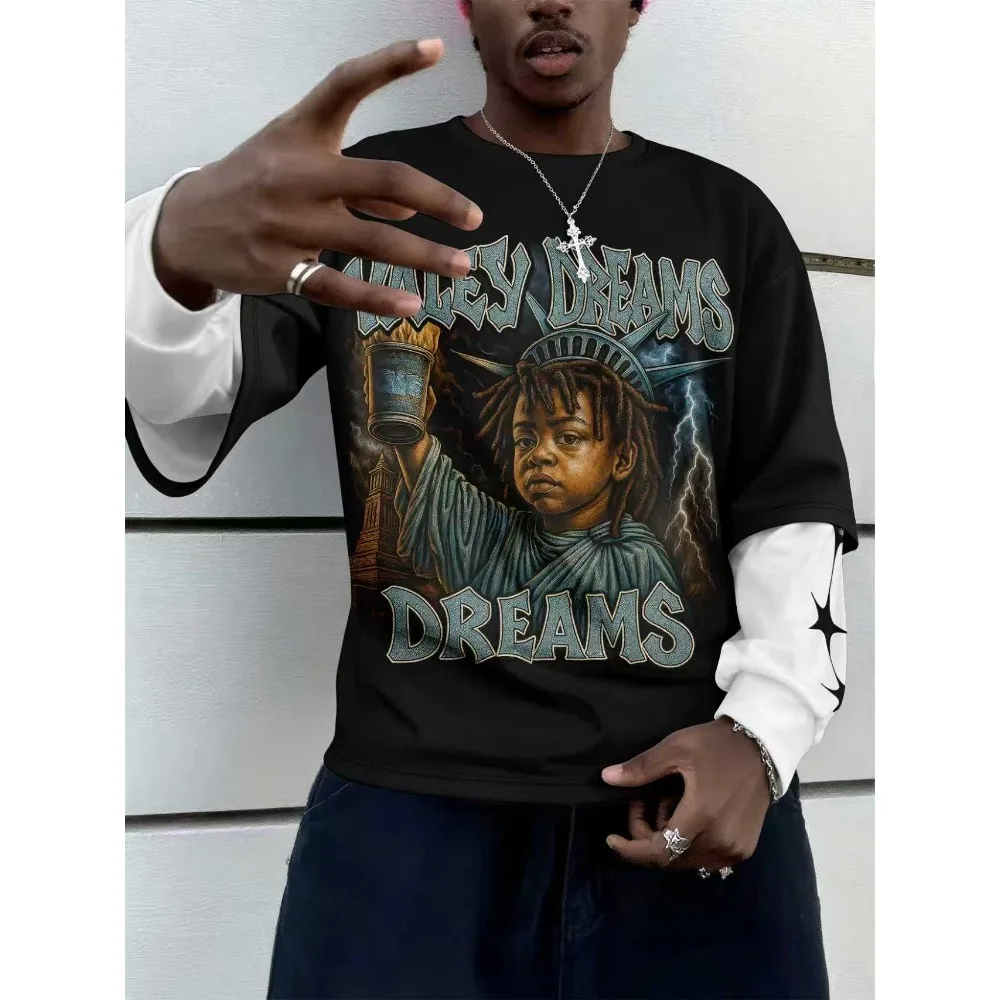 

Spring Round Neck Fake Two Piece Long Sleeved T-shirt Men's Ins Trendy Brand Loose Korean Version Trendy Versatile Casual Y2K