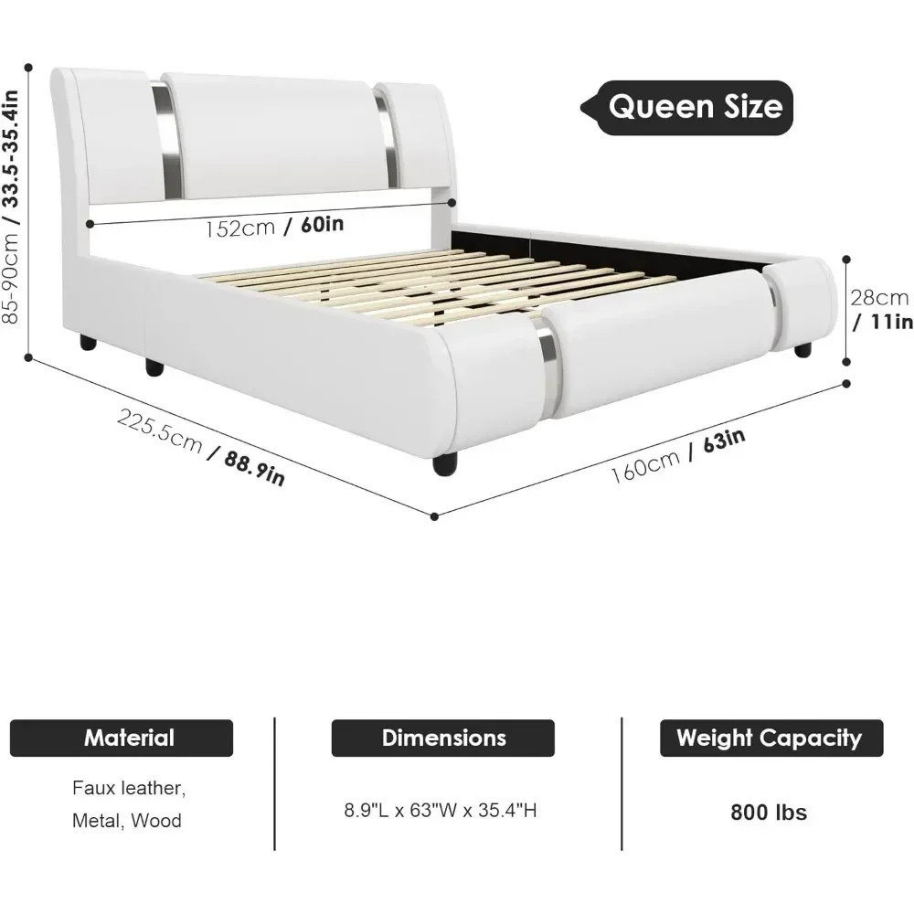 Modern Faux Leather Upholstered Platform Bed Frame with Golden Iron Metal Decor, Adjustable Curved Headboard, Queen Size, White