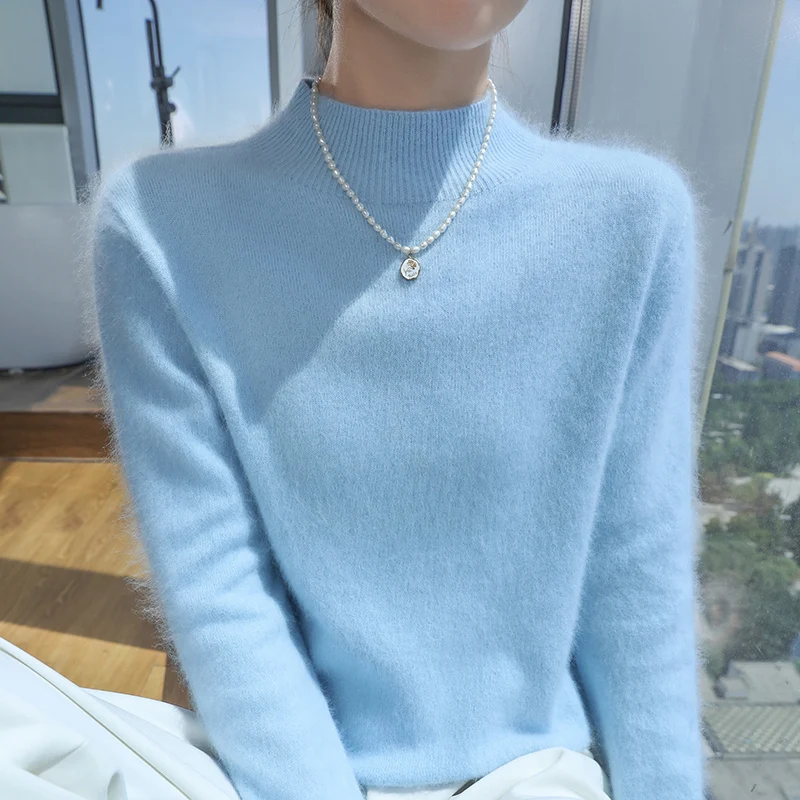 Solid color autumn winter new women's 100% mink cashmere sweater half turtleneck pullover fashion knit warm base shirt top