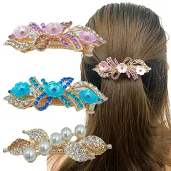 Women Fashion Pearl Rhinestone Horsetail Hairpin Ladies Luxury Spring Clip Jewelry Crystal Hair Clip Exquisite Hair Accessories