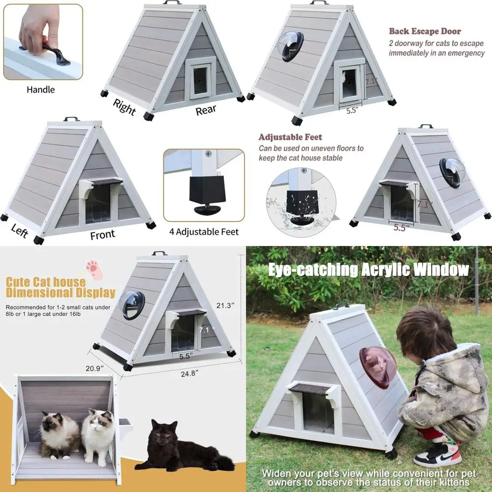 

Weatherproof Wooden Outdoor Cat House with Easy Entry Door and Clear Window - Grey