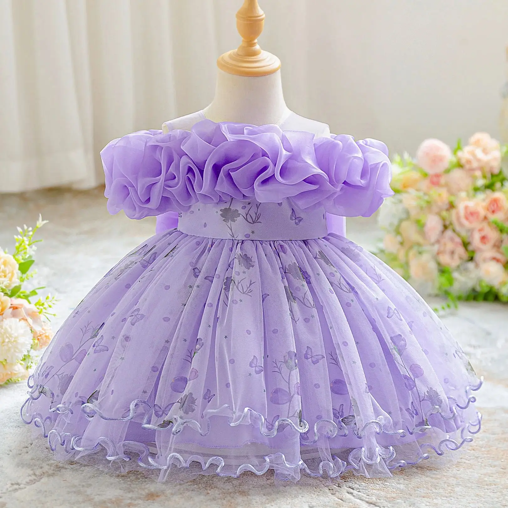 

Girls Tulle Party Dress Off-Shoulder Floral Princess Ball Gown for Wedding Birthday Elegant Kids' Formal Cute Evening Pageant