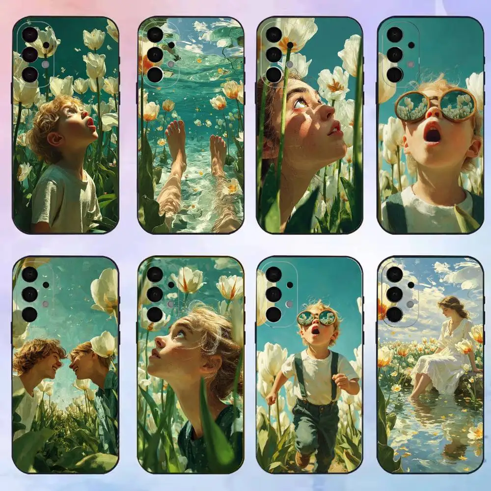 Aesthetic Tulip phone Case For Samsung S25,24,21,22,23,30,Ultra,20,Plus,Fe,Lite,Note Black Cover