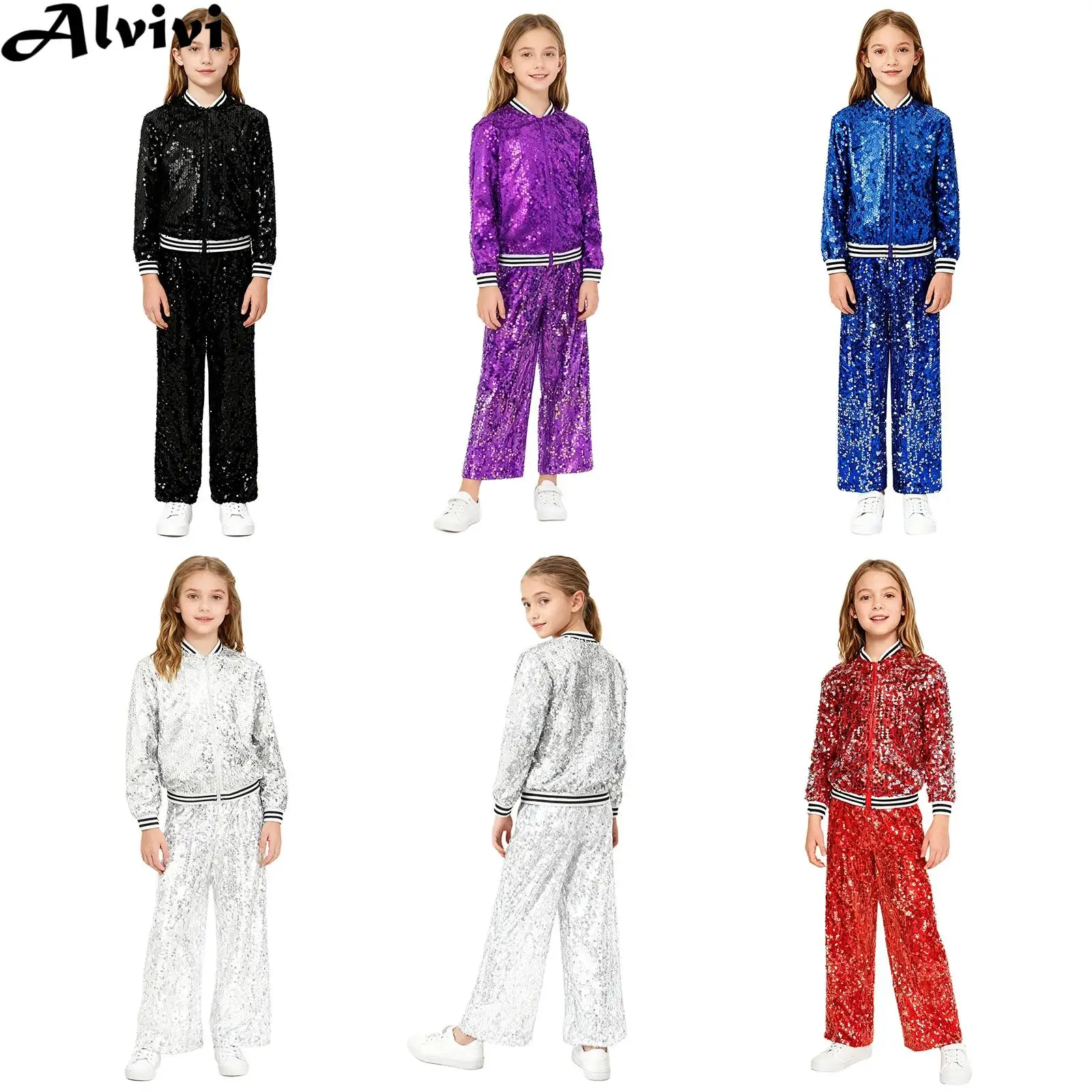 Kids Girls Hip Hop Jazz Street Dance Stage Performance Outfit Shiny Sequin Baseball Jacket with Wide-leg Pants Party Dancewear