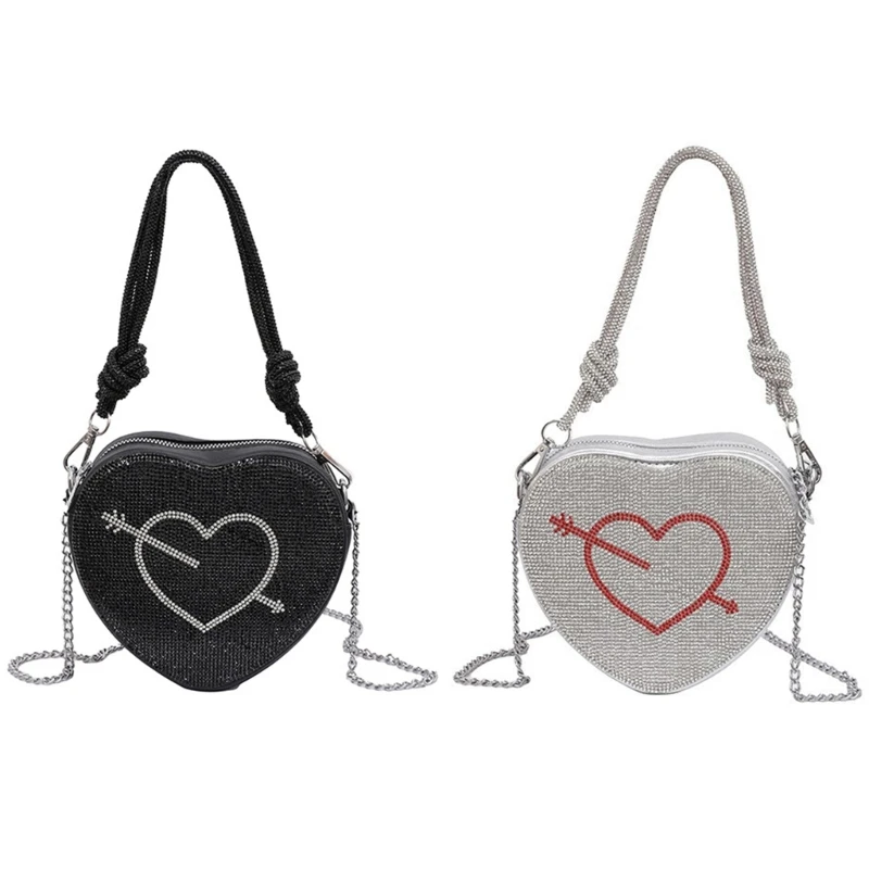 E74B Women Evening Bag Chain Strap Shoulder Crossbody Bag Heart Shaped Evening Clutch Bag Rhinestones Purse for Party