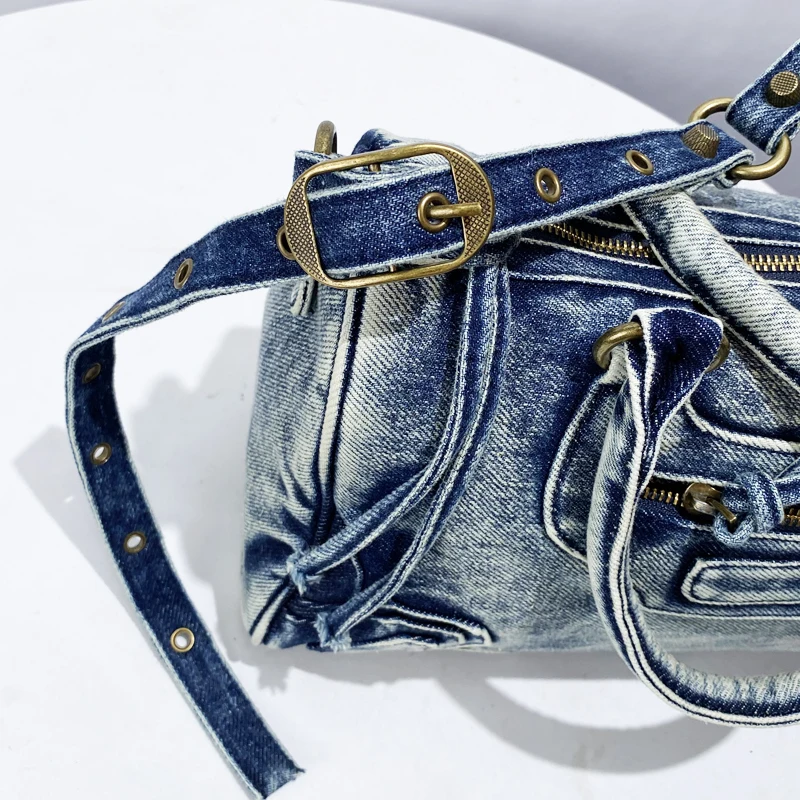 Moto & Biker Pillow Denim Bags For Women Luxury Designer Handbags Purses 2024 New In Splicing Washing Process Underarm Shoulder