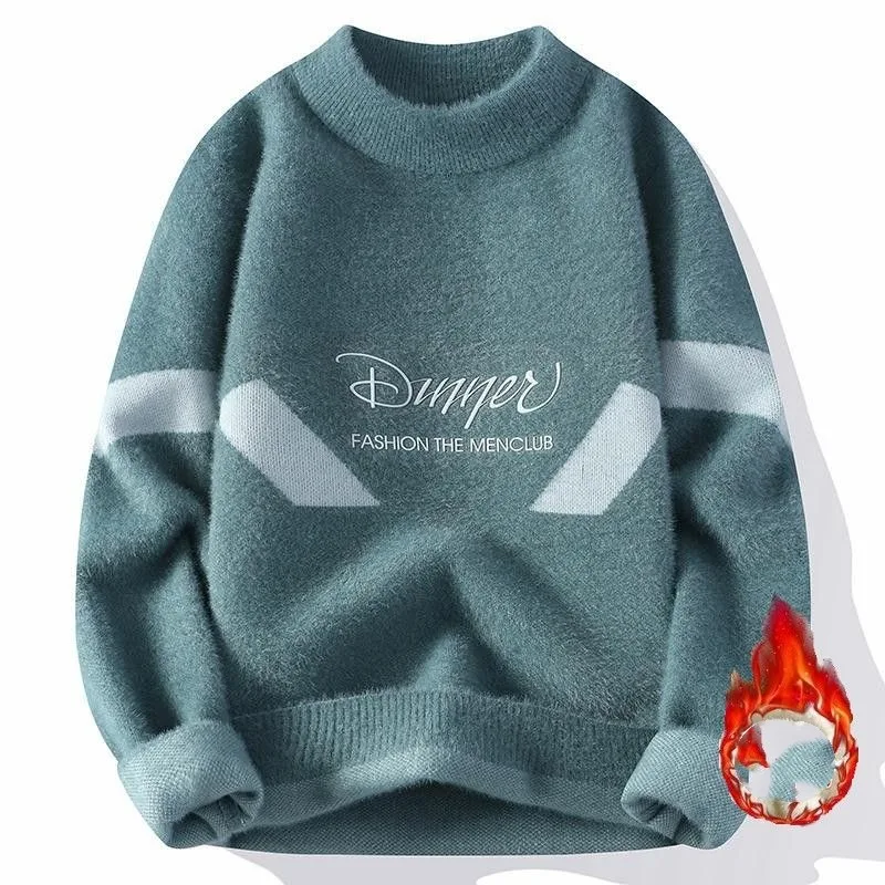 Men's Pullover Crew Neck Letter Screw Thread Printed Flocking Solid Lantern Long Sleeve Sweater Knitted Fashion Vintage Tops