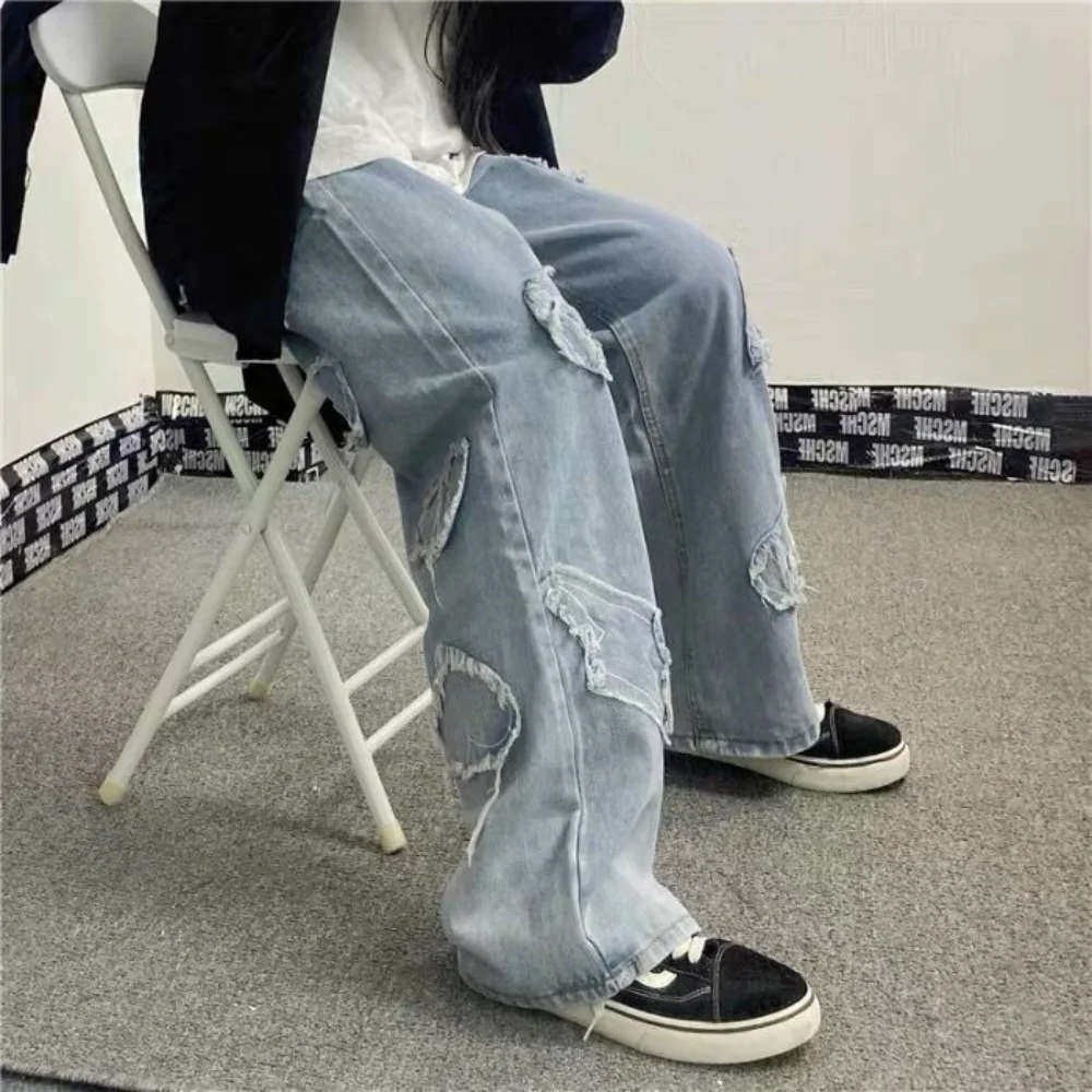 Jeans Men Stretch Denim cargo Pants Streetwear Wide Leg Joggers Men Washed Patch Casual Straight Baggy Jeans y2k Trousers