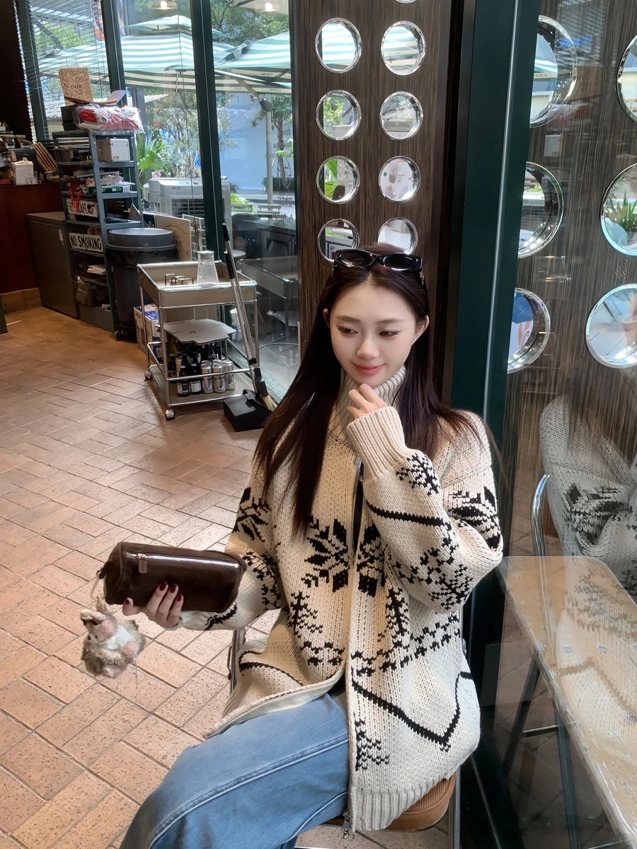 

Retro Lazy Design Fair Isle Stand Collar Sweater Jaet Women's Autumn Winter Thi High Collar Zipper Knittedwear