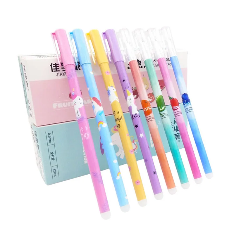 Juego de bolígrafos de Gel borrables de unicornio Kawaii, recargas de tinta azul y negra, mango lavable, suministros de papelería para la escuela y