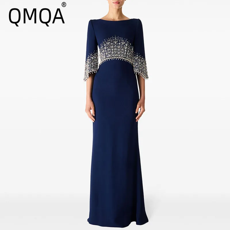 

QMQA Fashion Women's Elegant Evening Dress Spliced Bead Diamond O Neck Mid Sleeve High Waist Maxi Dresses 2025 New QM638