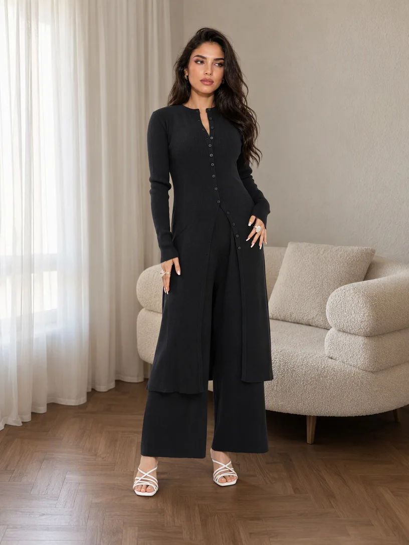 Muslim Elegant Women 2Pcs Set Knit Long Top Blouse Wide Leg Pants Suit Winter Islamic Outfit Musulman Ensembles Arab Long Robe