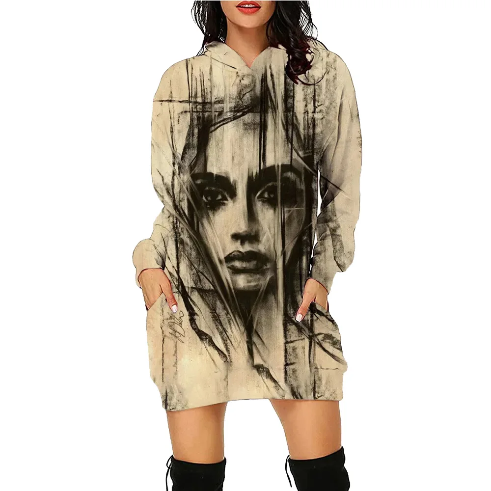 Butterfly Hoodie Dress Women's Face Daily Printed Workout Hoodies Long Sleeve Pullover Autumn Winter Loose Tees Traf Vestido