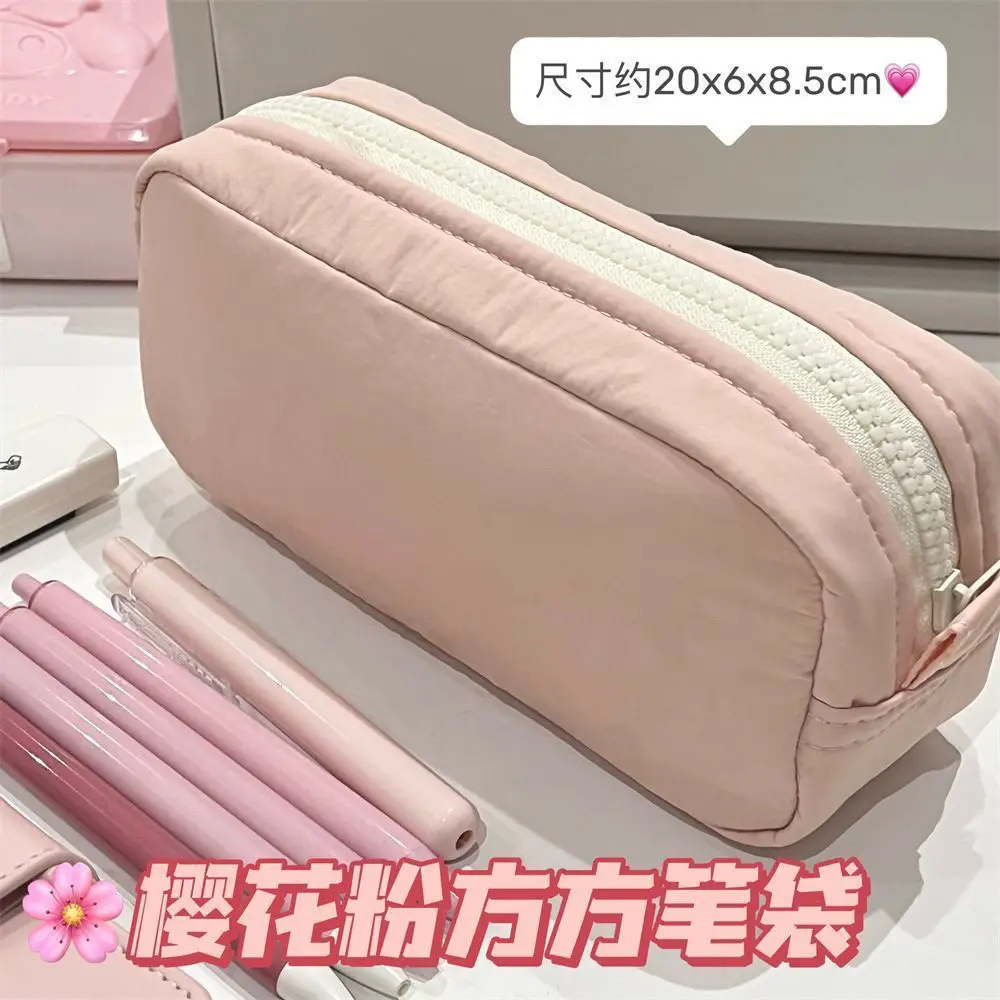 Minimalist Cherry Blossom Pink Square Pencil Case, Ins-Style, Solid Color, Fresh And Attractive, Large Capacity, Multi-Layer