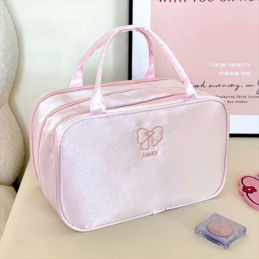 

Portable 3 Layer Travel Cosmetic Bag Puffy Wide-open Design Toiletry Bag Lightweight Large Capacity Bow Makeup Organizer