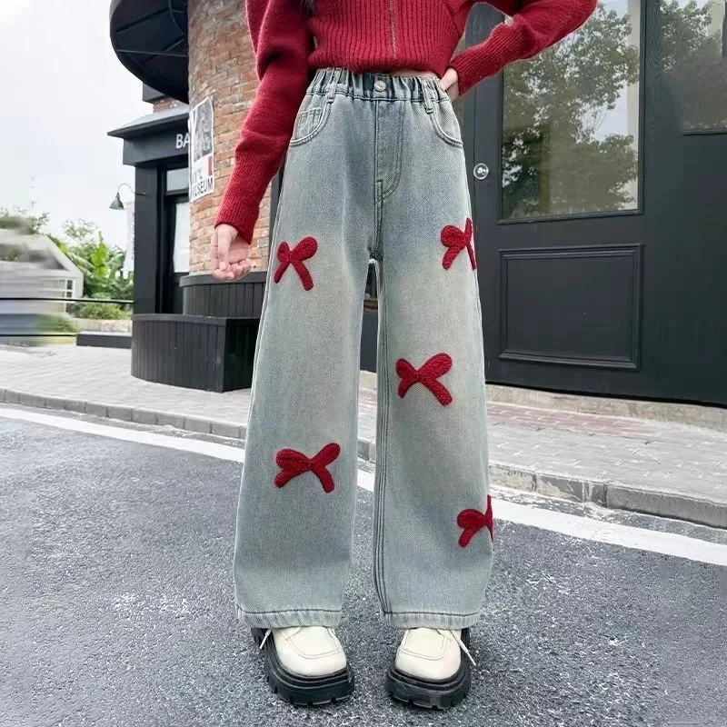 Girls Wide Leg Jeans 2026 Spring Autumn Loose Straight Denim Pants Kids Fashion Casual Long Trousers