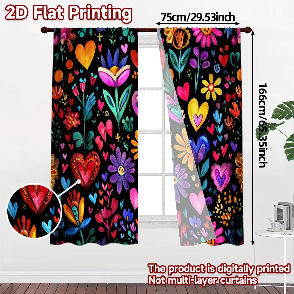 2pcs, 2D FLAT PRINTING Curtains (Without Rod) Vibrant Blossoms Popular Light Filtering Curtains Machine Washable Fabric Curtains
