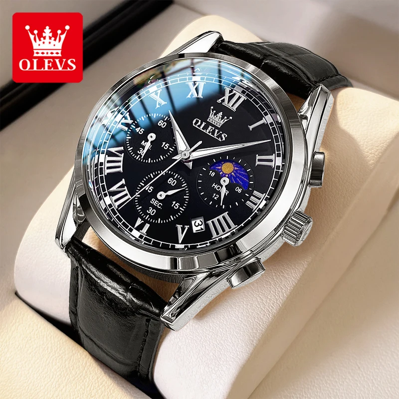 OLEVS 2871 Men's Watch Lunar Phase Timing Code Watch Waterproof Leather Strap Luxury Brand Men's Quartz Watch Reno Masculino