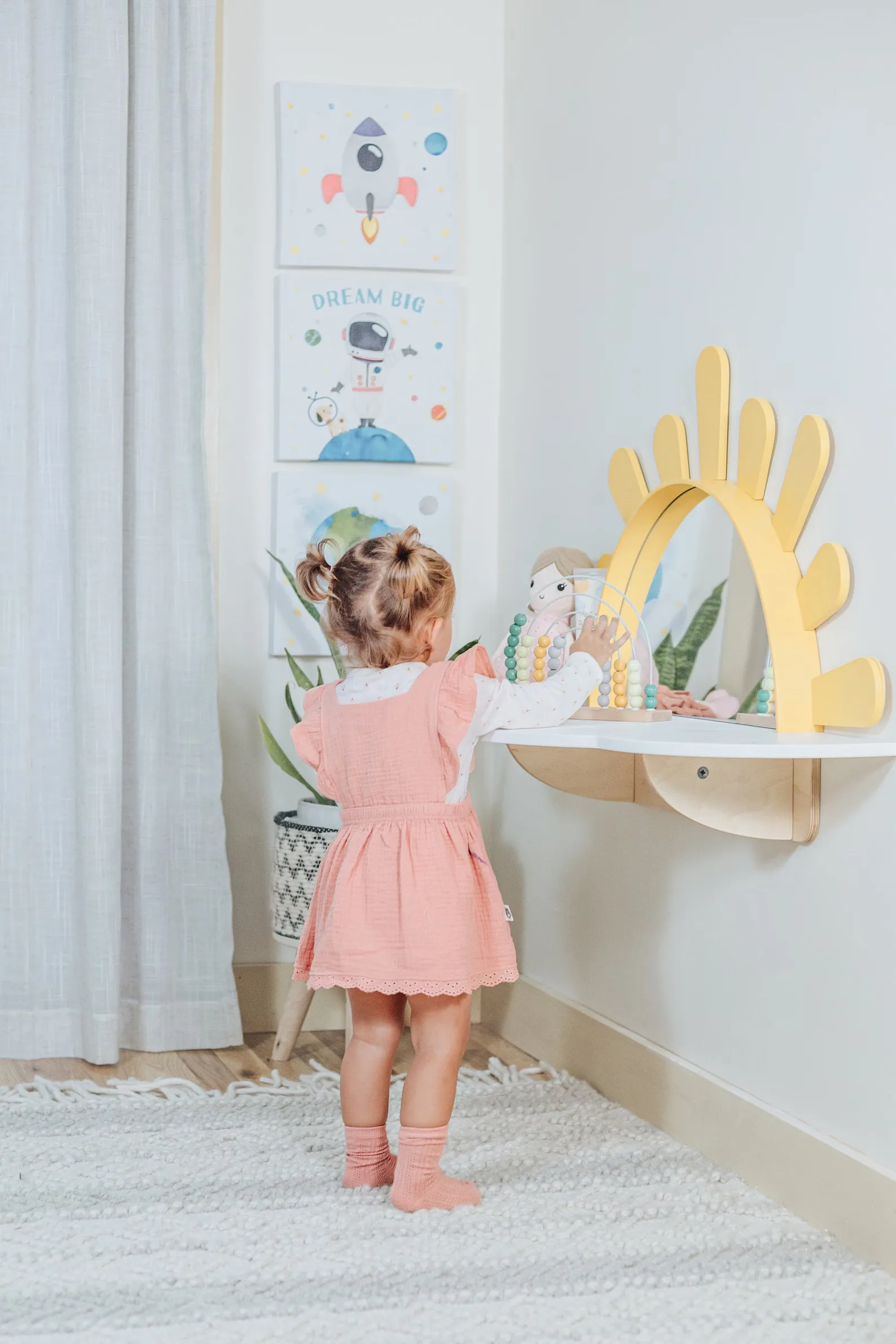 Sunshine Wall-Mounted Wood Kids Table Chair Set Montessori Furniture Toddler Playroom Boho Nursery Decor Cork Board Safety