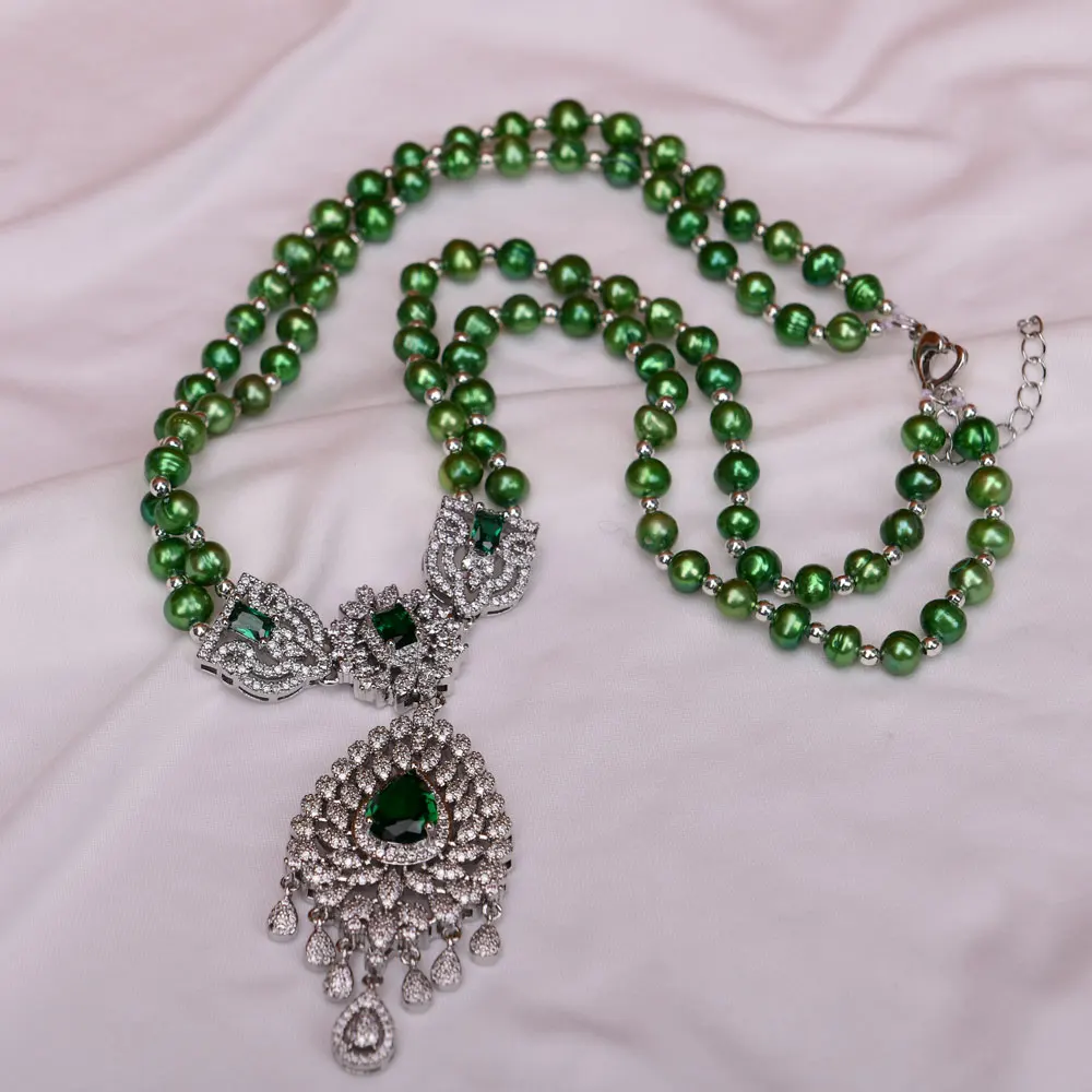 G-G 2 Strands Green Cultural Pearl Cz Pave Pendant Necklace Gemstone Necklaces Jewelry Women