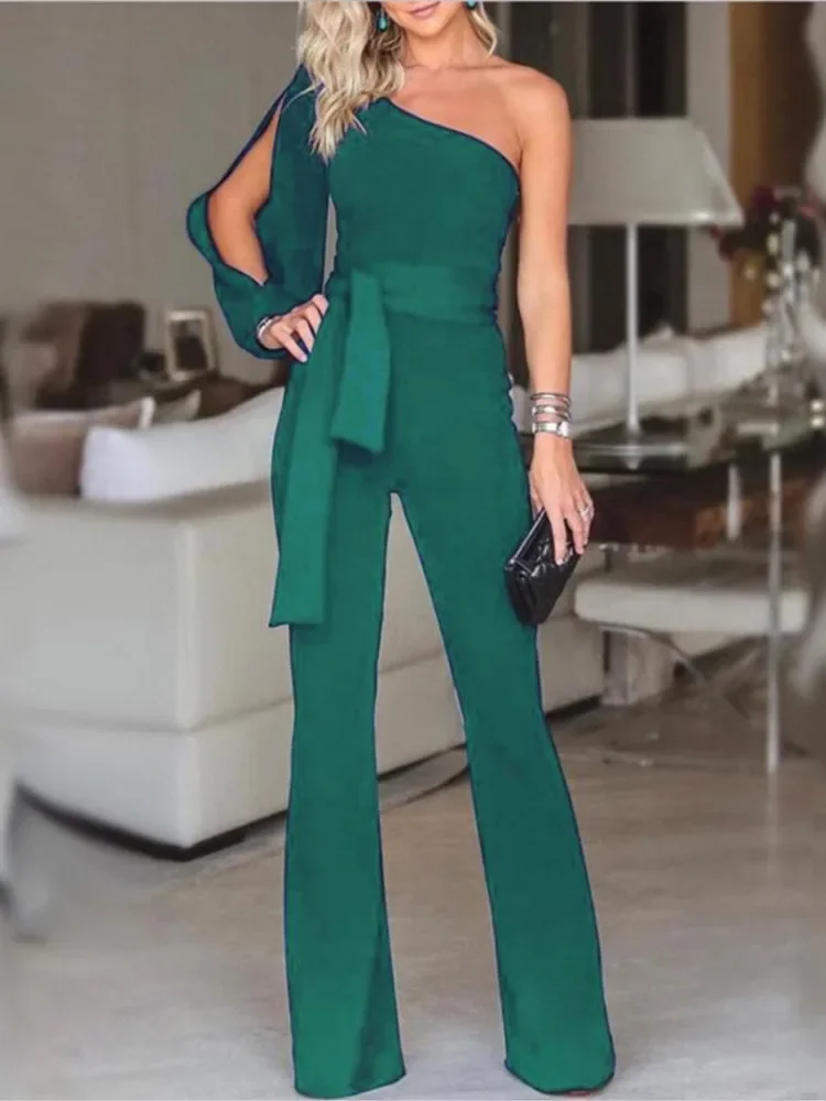 

Summer New Women's High Waist Tie Up Solid Color Slim Fit Sexy Jumpsuit Slant Shoulder Elegant Banquet Temperament Women's Wear