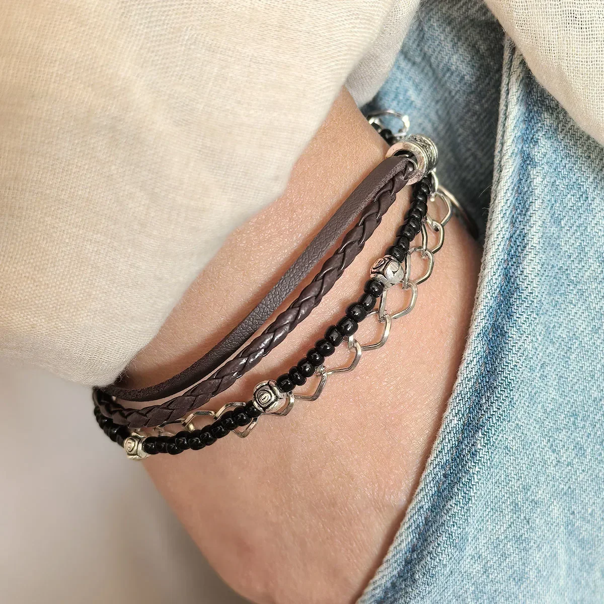 Beaded Wrap  Pink Beaded Boho Bracelet with Chain