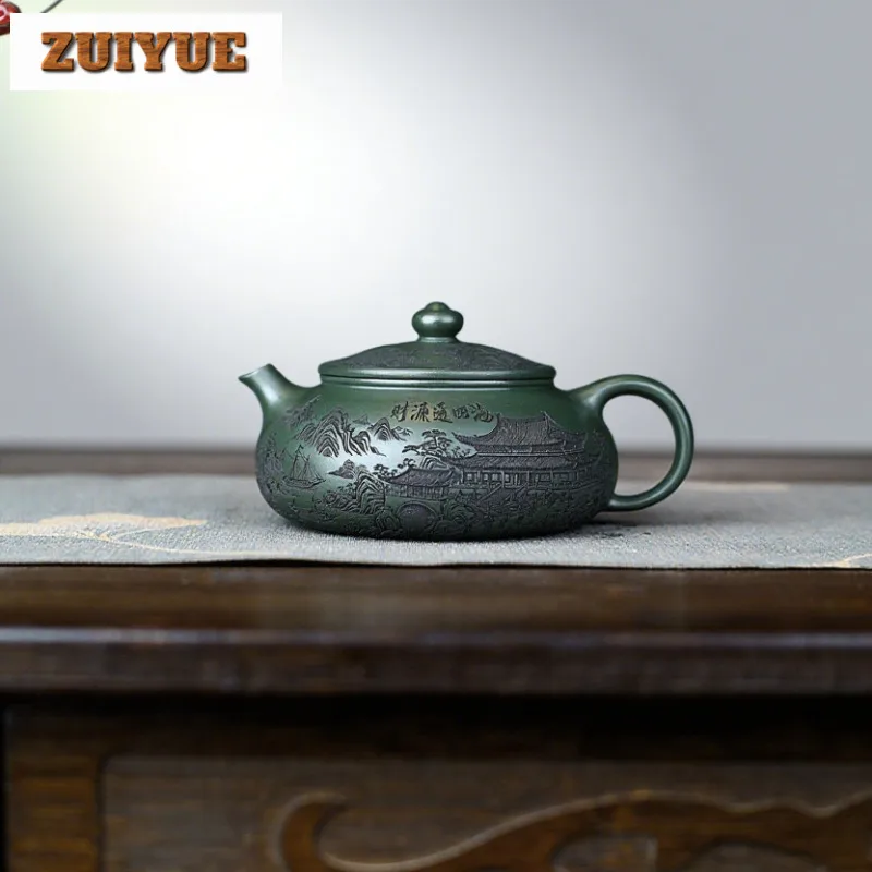 

230ml Yixing Purple Clay Teapots Handmade Han Jiang Pot Raw Ore Blackish Green Mud Tea Infuser Kettle With Strainer Zisha Teaset
