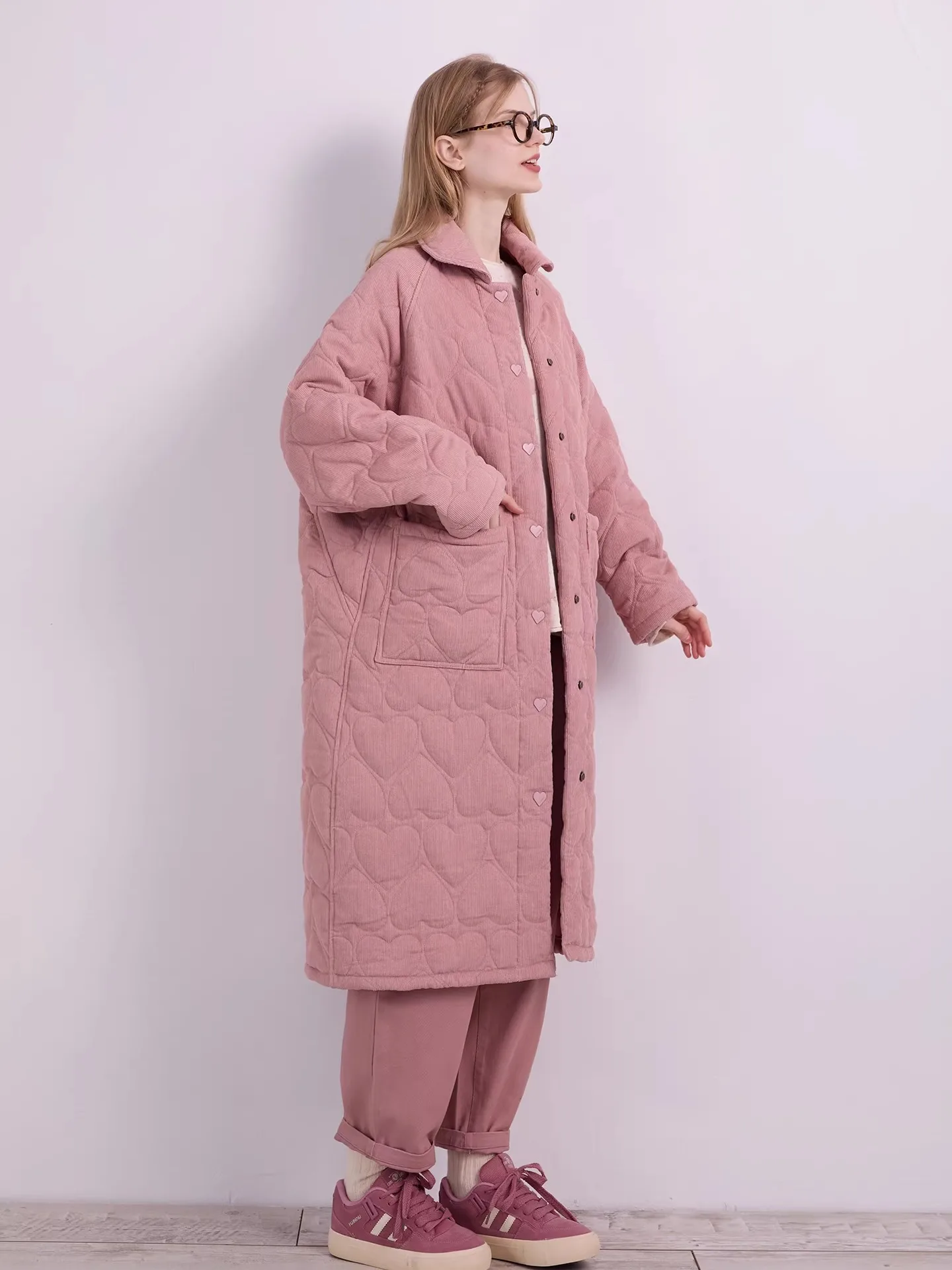 

Long Length Fog Pink Cotton Jaet Women's Waed Corduroy Coat Heart Button Cake Pink Commute Sle Straight Tube