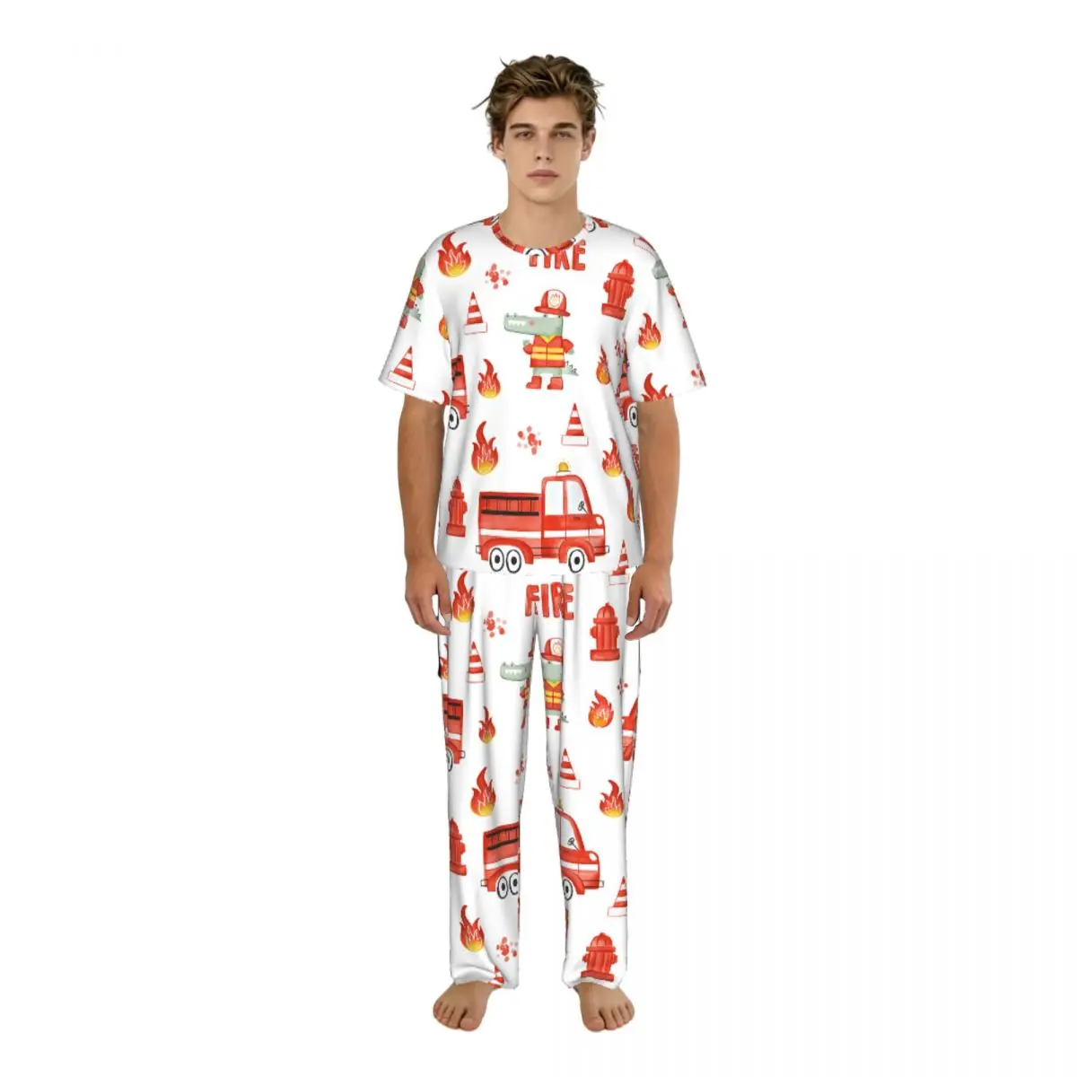 

Men's short-sleeved pajamas two-piece trousers Cute Firetrucks And Crocodile Fireman home wear suit sleepwear