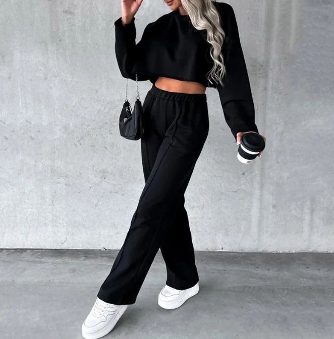 Womens Two Piece Sets Outfit Solid Color Loose Fitting Long Sleeved Short Top Pants Set 2023 Autumn Spring New Fashion Casual