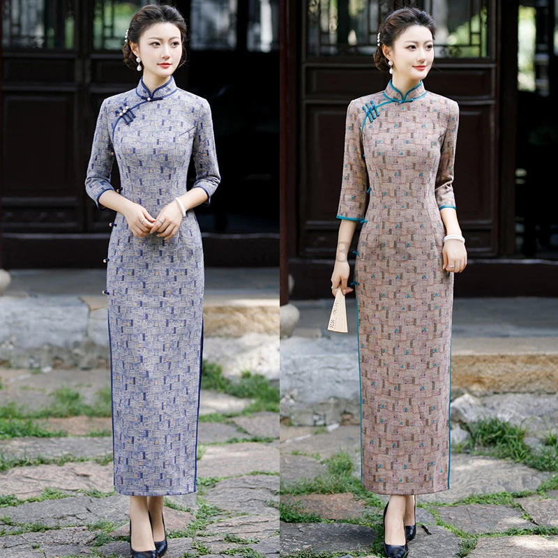 

Vintage Chinese Traditional Dress Women's Plus Size Sexy Slim Fit Cheongsam 2023 Autumn New Three Quart Sleeve Qipao Vestidos