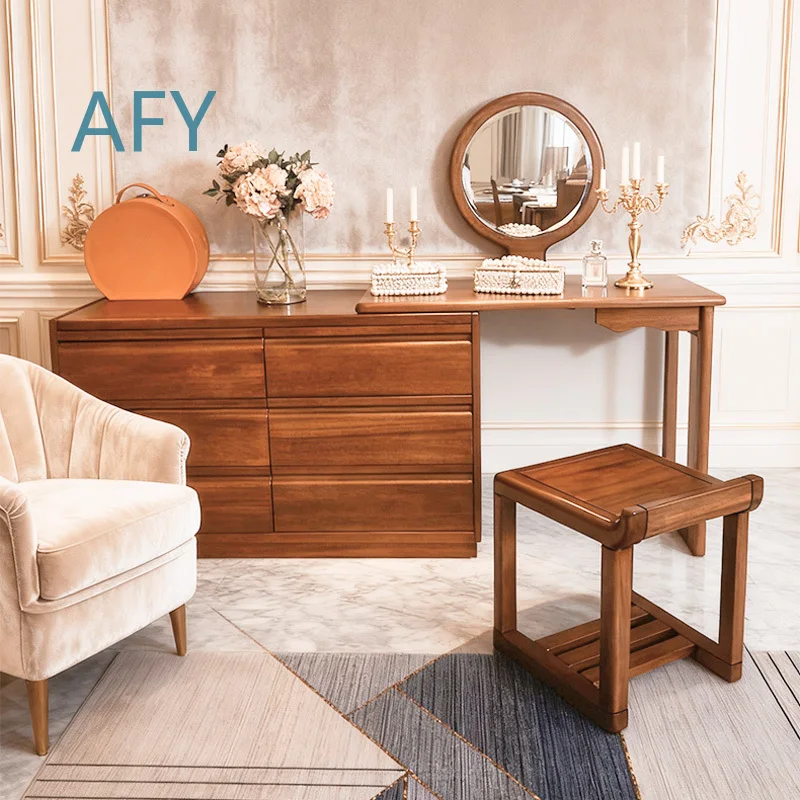 Modern Walnut Solid Wood Dressing Table for Bedroom for Nordic Style Light Luxury Makeup Vanity Storage for Small Apartments