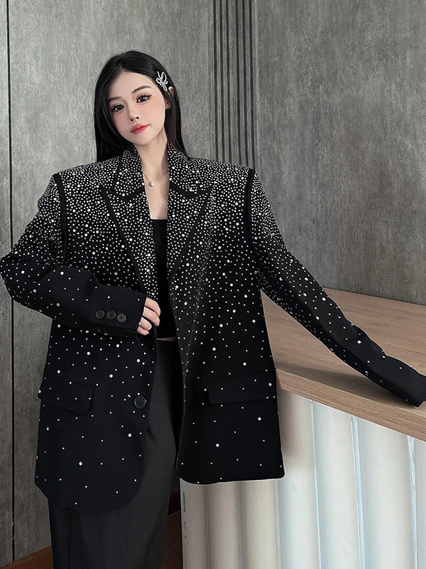 

Design Sensation Women's oulder Padded Suit Jaet Diamond Embellied Loose Fit Ele Sle Casual Faion Workwear