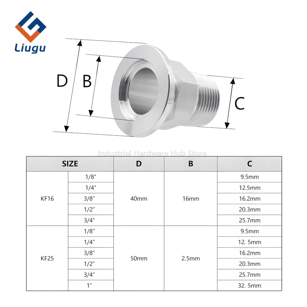 KF16 KF25 KF40 KF50 304 Stainless Steel Vacuum Flange Hex Joint Adapter, BSPT External Thread 1/4