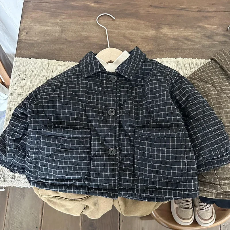 Children Clothing Boy 2023 New Fashionable Warm Cotton-padded Winter 2023 New Korean Style Plaid Jacket Thickened Kids Coat