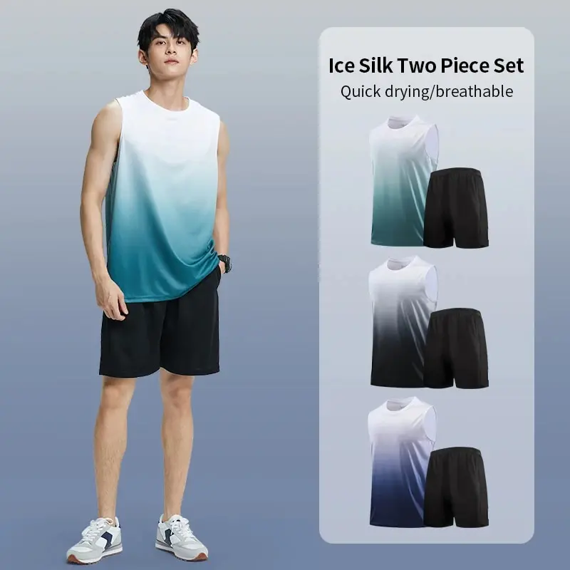 Fitness Clothes MEN'S ICE Silk Quick-dry Vest Sportswear Set Summer T-shirt Basketball Equipment Training Running Short Sleeves