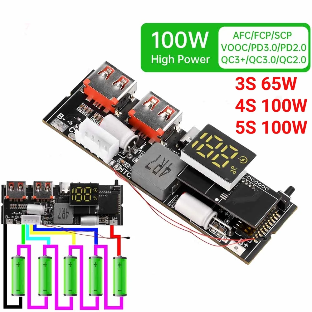 

Плата для самостоятельной сборки повербанка 65W 100W с двумя портами Type-C, двунаправленной быстрой зарядкой PD3.1 PPS SCP VOOC MPPT, плата для солнечного зарядного устройства 3S 4S 5S