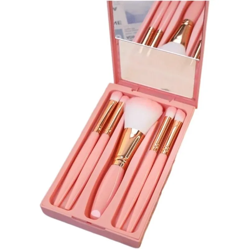 5 in1 Makeup Brushes Mini Set with Hard Case and Built-in Mirror, On the Go Brush Travel Essentials (Light Pink)