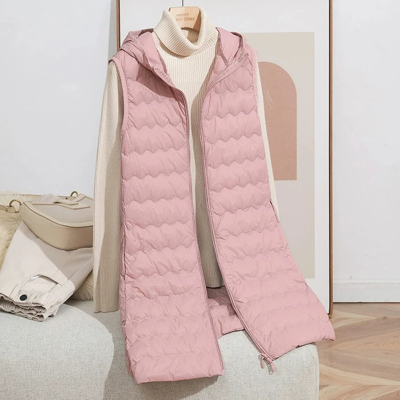 Schinteon Damen-Weste, ultraleicht, 90 % weiße Entendaunen, lange Weste mit Kapuze, lässig, Herbst und Winter, warm, hochwertige Weste, 2025, neu