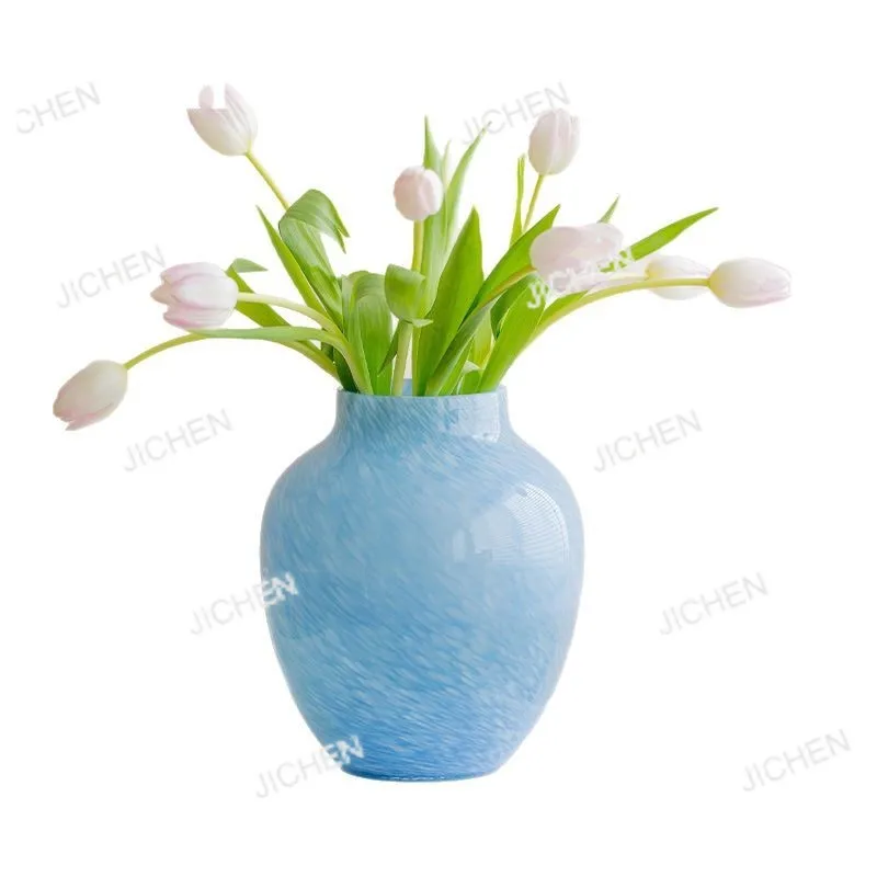 

Современная большая ваза ручной работы из облачно-голубого стекла для гостиной, с четырехчасовой последовательной подсветкой, для цветочных композиций у входа.