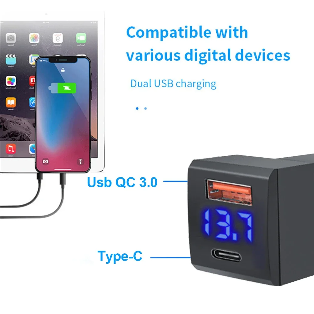 48W Fast Charger Voltmeter PD+QC3.0 USB Type-C Dual Port Phone Power Socket Quick Charge Mobile Phone Accessories For Toyota