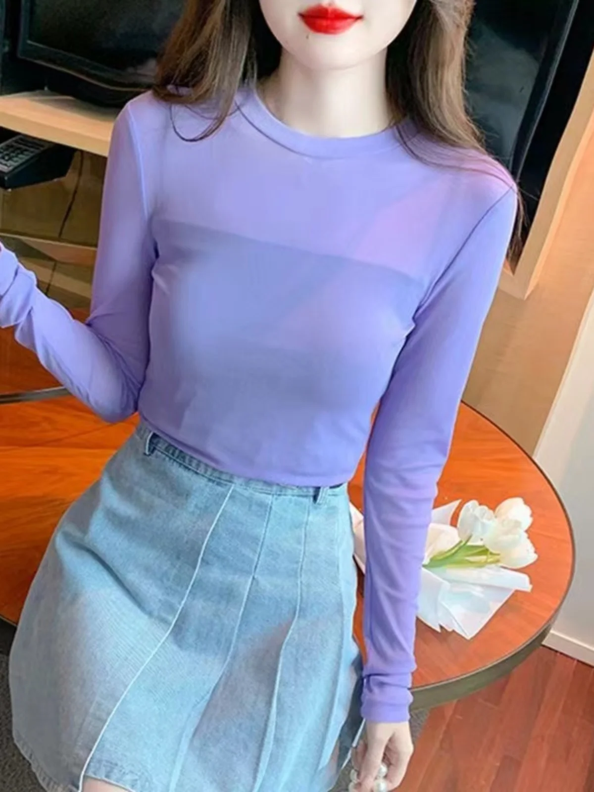 

Fashionable Mesh Inner Shirt Slim Fit round Neck Long Sleeve Color Base Layer Top Trendy Versatile Women's T-Shirt