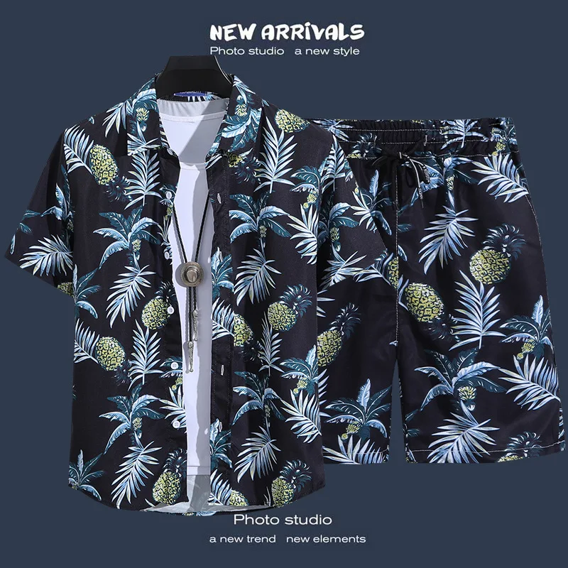 43/5000 2024 New vintage men\'s Shirt set Summer Beach Short sleeve shirt Shorts Casual Travel Men\'s Hawaii 2-piece suit M-5XL