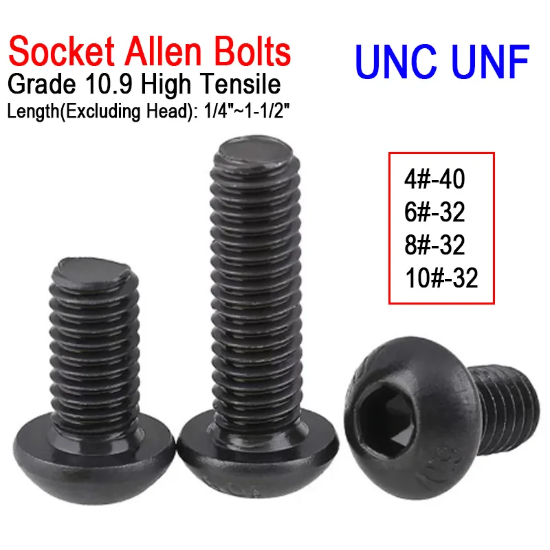 UNC 4#-40 6#-32 8#-32, UNF 10#-32 American Standard Hex Hexagon Socket Round Head Screw  Grade 10.9 Black Button Head Allen Bolt