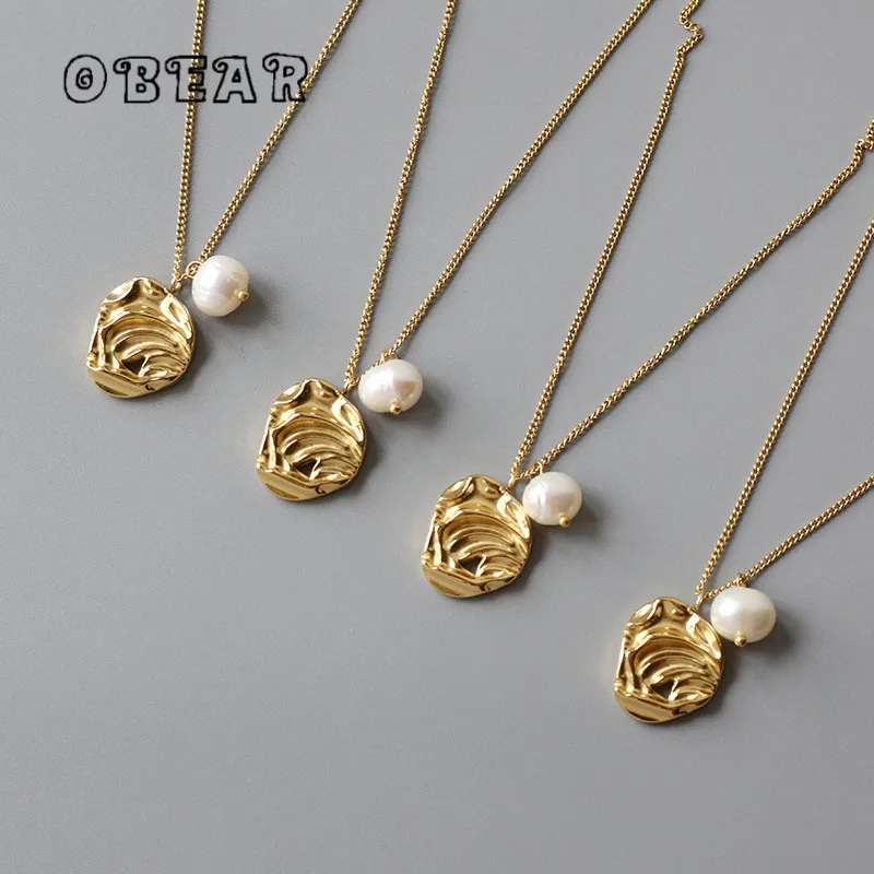 Freshwater Pearl Irregular Meteorite Foil Pendant Stainless Steel Necklace Fashion Tarnish Free Jewelry Women