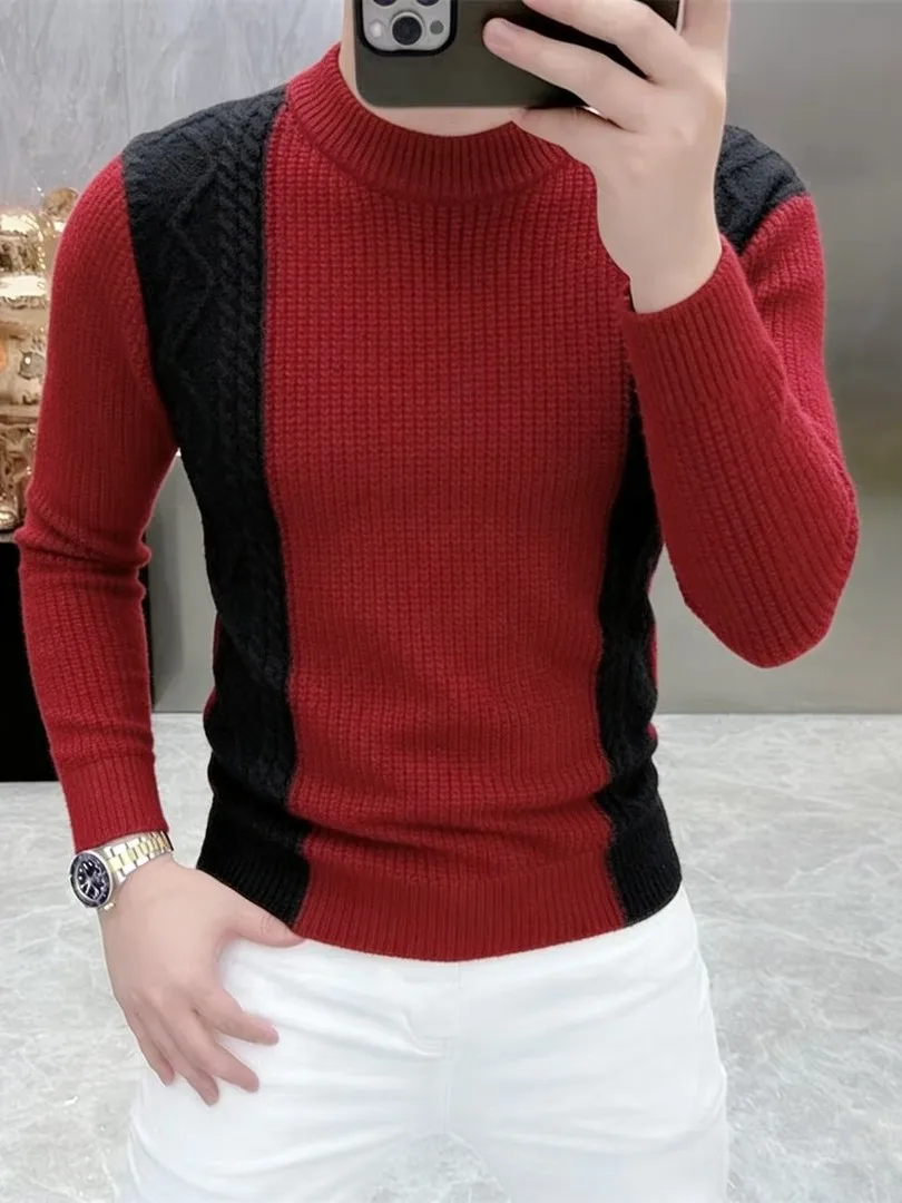 

Мужской вязаный свитер премиум-класса с цветными вставками, приталенный, модный, для ношения под одеждой, теплый, осенне-зимний, универсальный, с вышивкой