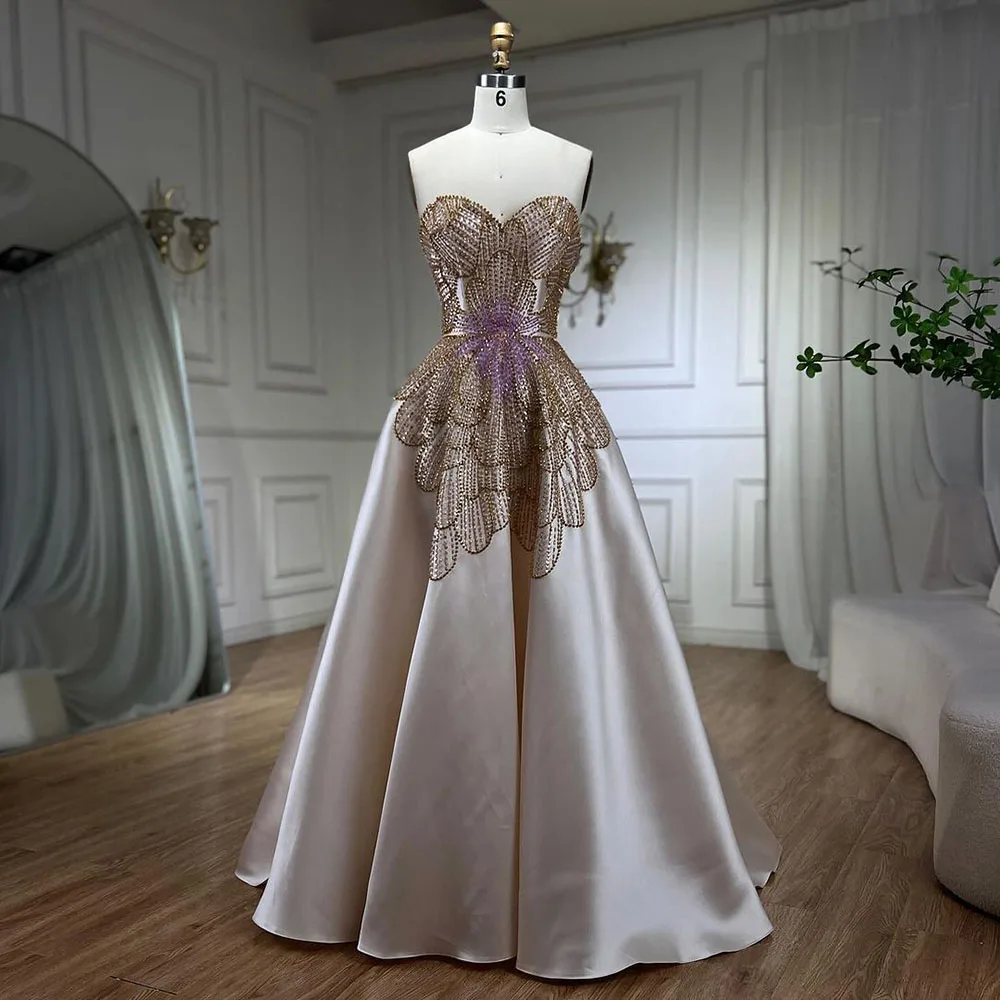 Serene Hill Dubai Arabia Beige A Line Satin Strapless Luxury Beaded Evening Dresses Gowns For Party 2024 LA72195 Customized