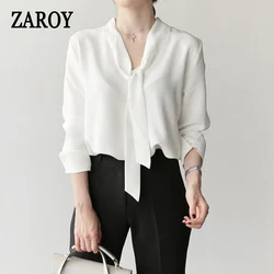 Pullover Blouse Summer Shirts for Women Korean Fashion Office Blouses blusas Autumn Long Sleeve Tie Bow Chiffon Formal Shirts