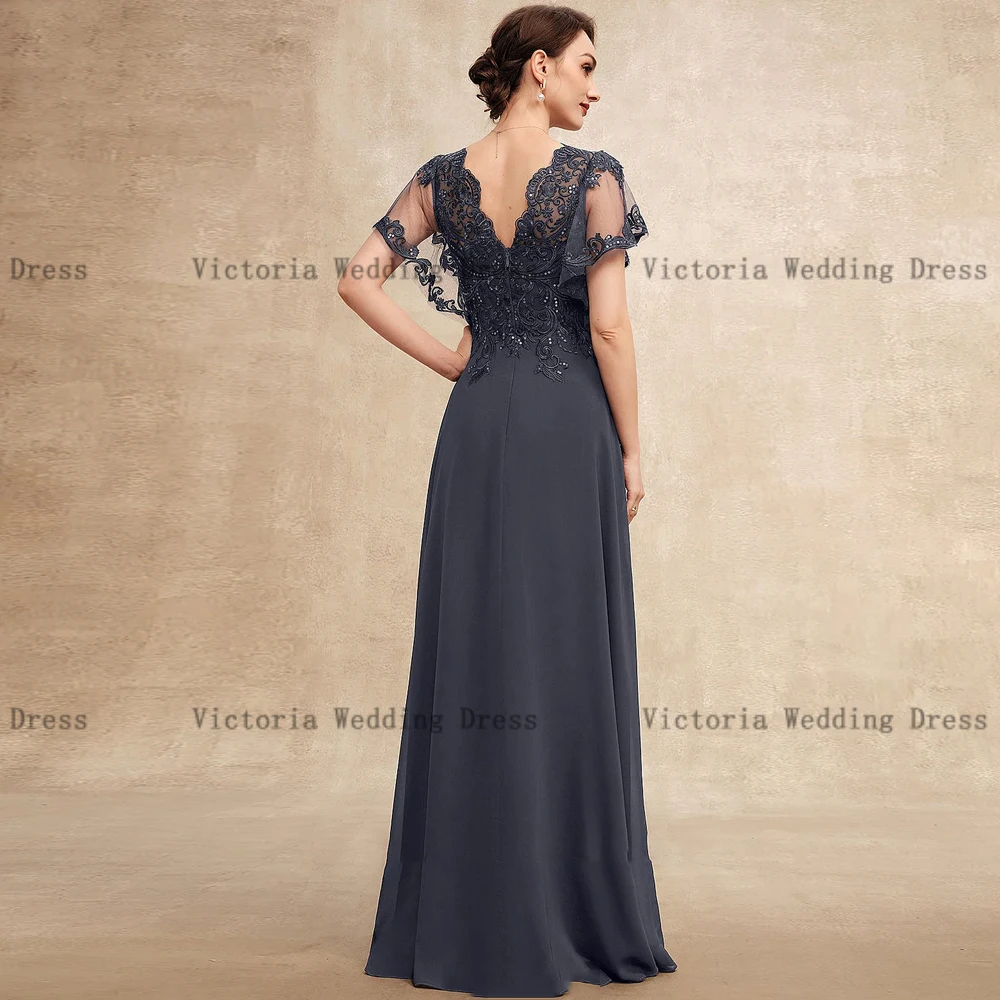 Elegant Mother of The Bride Dresses V Neck Short Sleeves Wedding Party Gowns Appliques Floor Length Chiffon A-Line فساتين السهرة