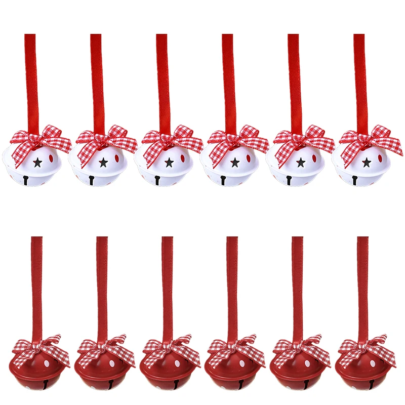 12PCS Weihnachten Rot Weiß Eisen Glocke Schmetterling Dot Schneeflocke Stern Glocke Mit Roten Schnur Hahnentritt Bogen Weihnachten Baum Anhänger navidad
